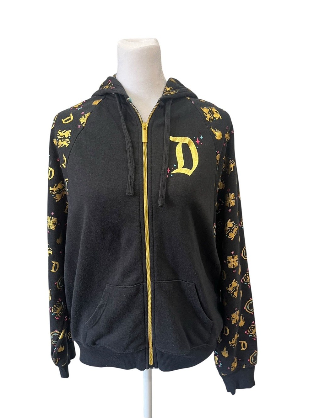 Disney Women’s Black Zip Hoodie with Gold 'D' Size Small